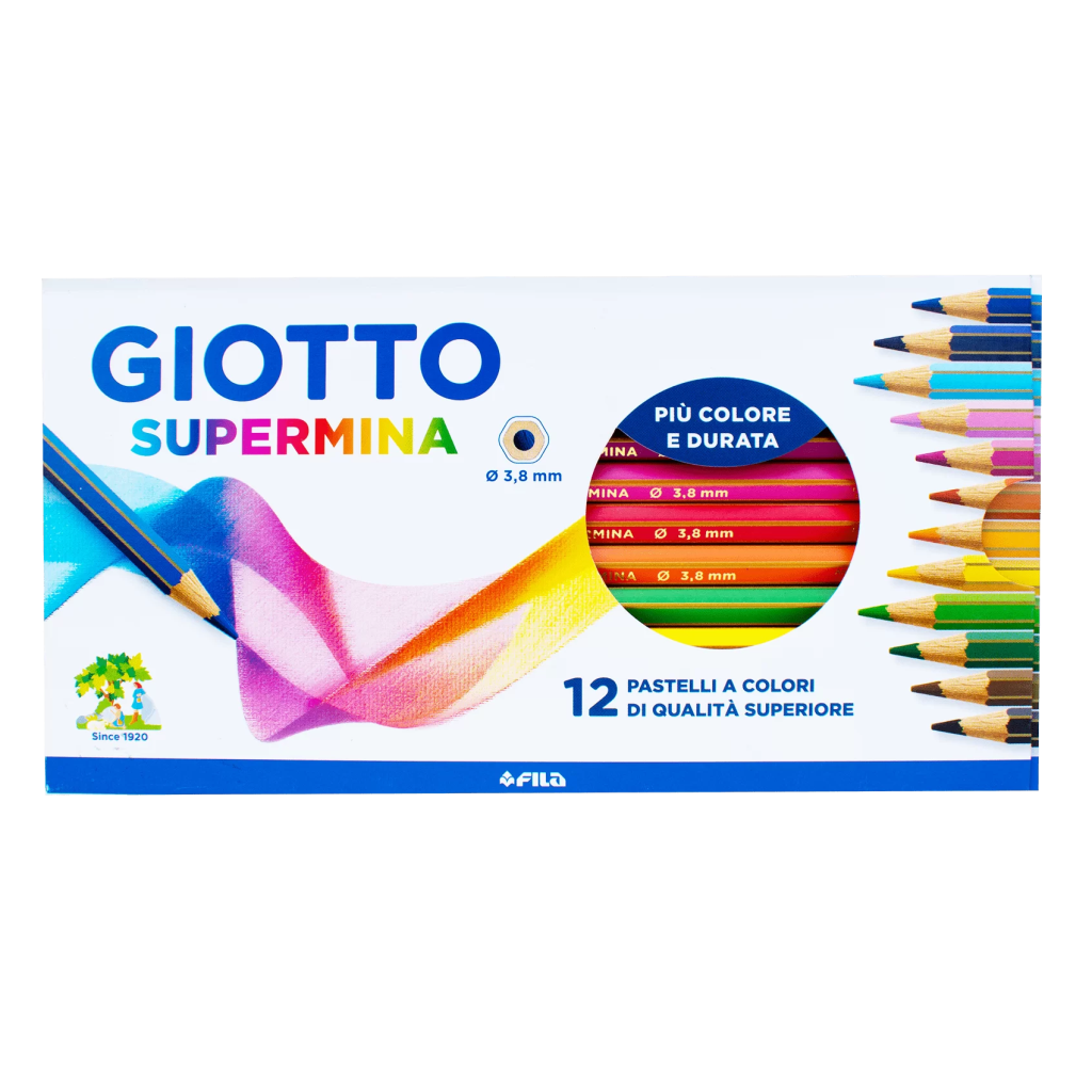 Crayons Pastels Giotto Supermina - Lot De 12 - Mine Extra Large 3.8 Mm - Haute Qualité Pour Artistes & Enfants